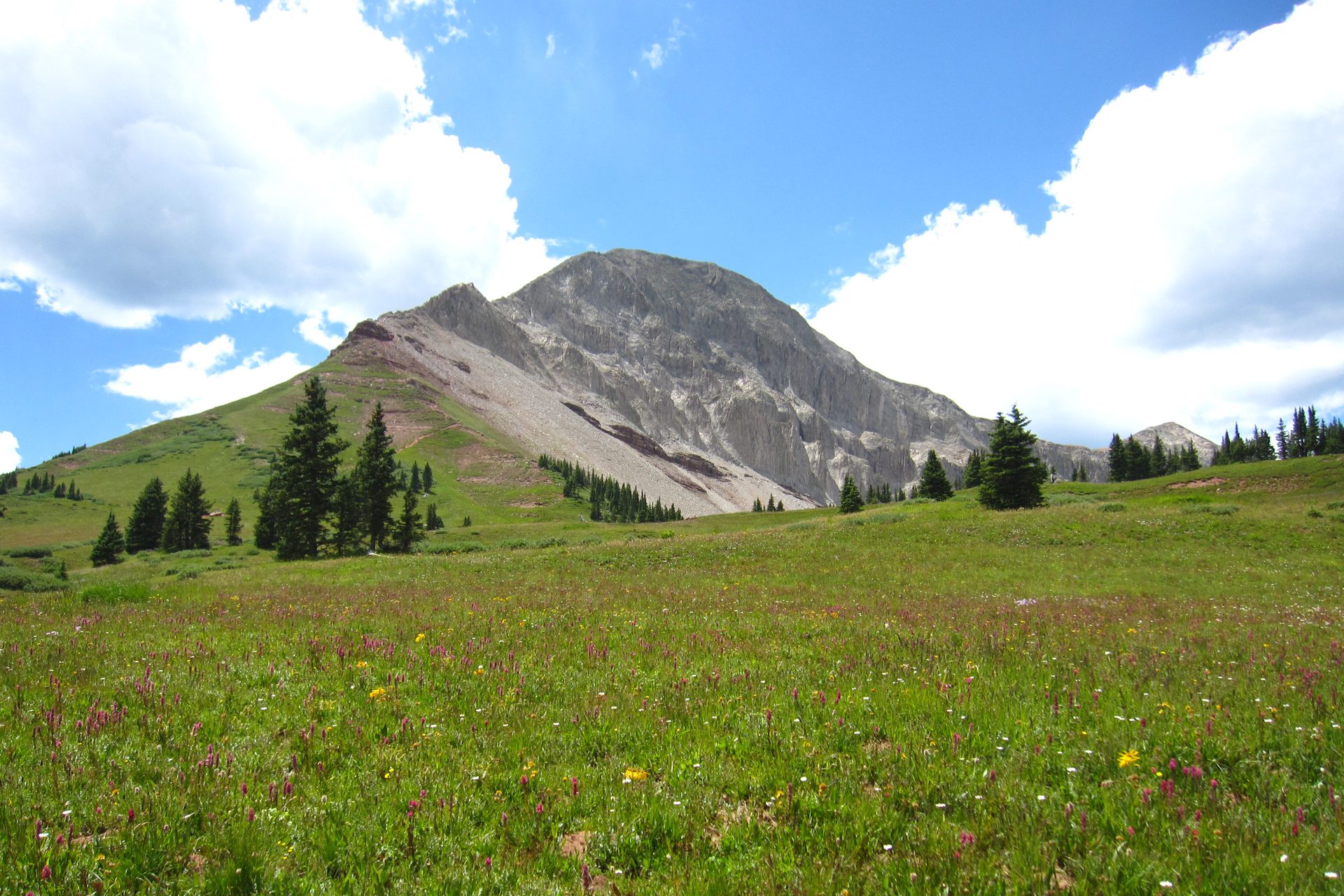 Engineer Mountain rising above a green alpine meadow with clouds overhead